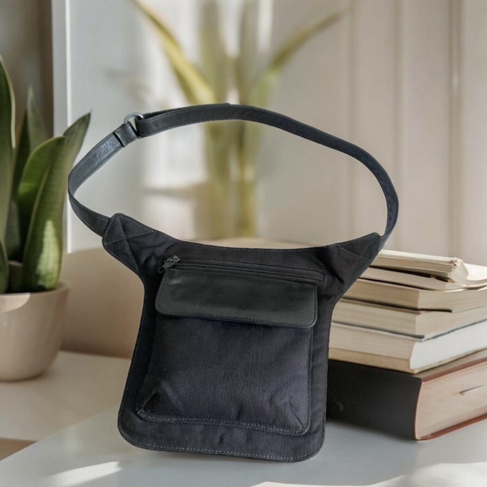 Zenith Black leather & canvas travel belt sling bag